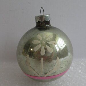 Franke Christmas Ornament Silver Ball White Flower Pink Stripe Vtg Made in USA